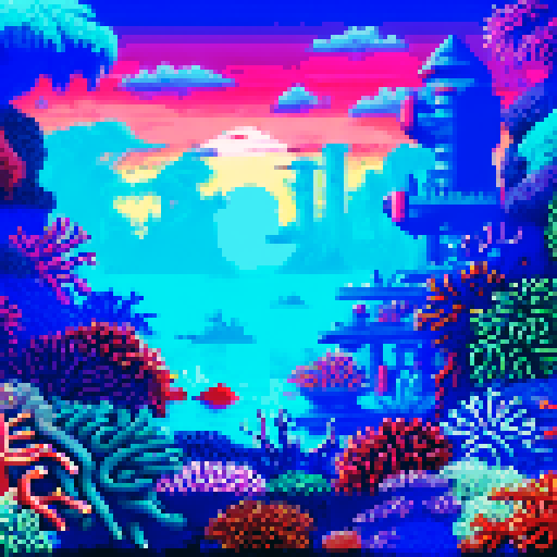 Deep sea underwater background , coral reef with big creatures, vibrant colors, detailed coral reefs, and a serene sRGB landscape, blue and red tones cyberpunk