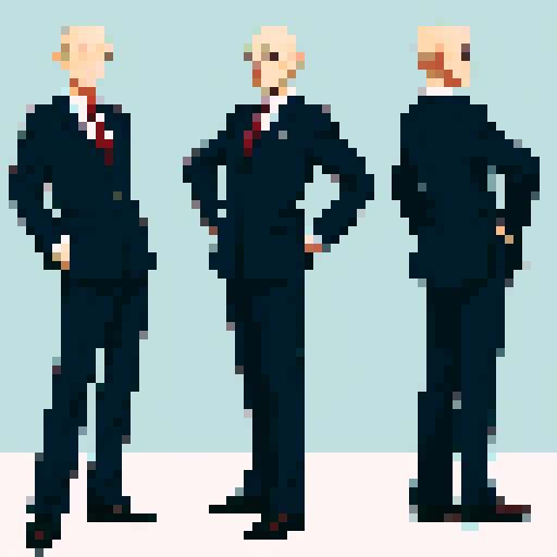 minister of foreign, serious expression, bald, close-up, confident stance, anime style, pixel art, suit, front view, 60-years-old, front view
