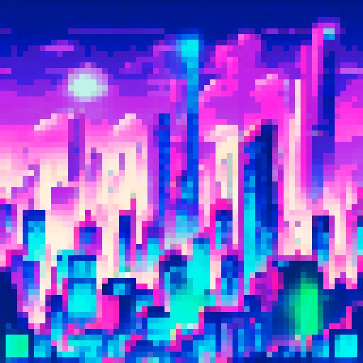 Roaming through a neon-lit cityscape, a vividly-hued dinaurus with rainbow-spiked scales surveys the bustling metropolis from atop a towering skyscraper