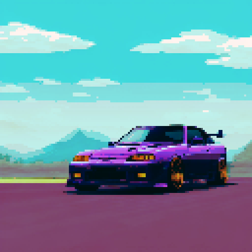 dark purple Nissan s13 240SX drifting, night, Japanese mountains, sRGB, pixel art, background, landscape