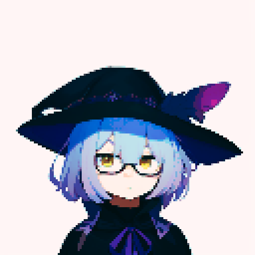 male, symmetrical face, closed mouth, yellow eyes, hair between eyes, solo male, straight-on, facing viewer, light blue hair, bob cut, white pupils, tsurime, pepekekeko, long bangs, flowing sleeves, capelet, perfect anatomy, blunt bangs, intricate details, witch hat, feather, glasses, pixel art, sRGB, grumpy 