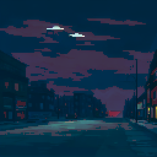 snow covered ground, softly falling snowflakes, dimly lit street lights, dark and overcast sky, distant windows emitting a warm glow, pixel art landscape