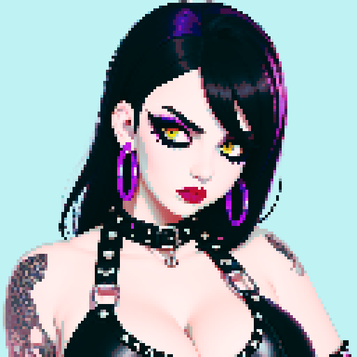 curvy, cute busty greaser goth girl's face, whole head portrait, black hair, purple eyeshadow, red lipstick, low cut black studded leather halter top, studded collar, game avatar portrait, vibrant sRGB colors