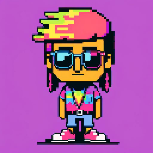 donald trump, tye dye shirt with peace sign, dreadlocks and sunglasses, pixel art, sRGB