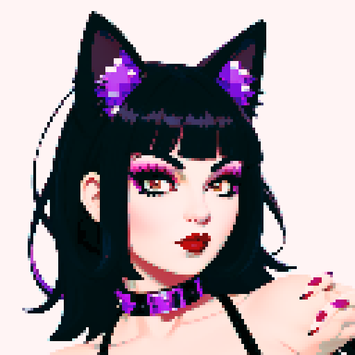 Cat girl, curvy, cute goth woman with black hair, purple eyeshadow, and red lipstick, wearing a bikini, studded collar, portrait, face avatar, in a glamour shot, sRGB color