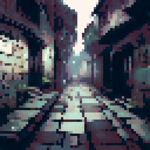 A moody dark alley lain with jagged cobblestone, dimly lit and eerily spooky. Hidden in lands lost to time are the bones of what once was