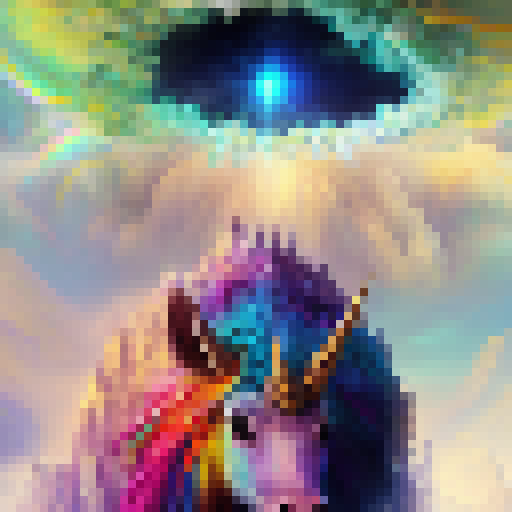 Towering unicorn, rainbow mane, golden hooves, glittering gems and jewels, cascading waterfalls, mystical floating islands - create a fantasy RPG image of this majestic creature standing atop a mountain.