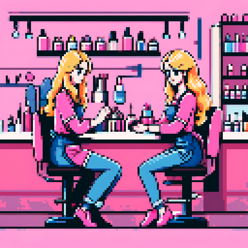 A nail tech with long blonde wavy hair, wearing a pink apron, sitting in front of a brunette girl weading jeans at a table in a nail salon.