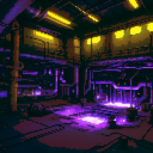 A toxic, industrial battleground viewed from inside, with the perspective angled slightly upward to show depth. The foreground features a corroded metallic floor, providing space for characters to stand, while glowing pinkish-purple toxic pools are set further back, surrounded by rusted machinery and leaking pipes. The background displays industrial walls with flickering lights, framing the scene and giving a sense of enclosure.