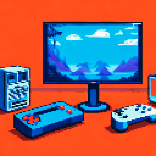 pixel art, retro consoles, computers, monitors, dark background
