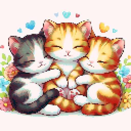 3 cute kitten cuddled together, in different colors, colorfull children's illustration