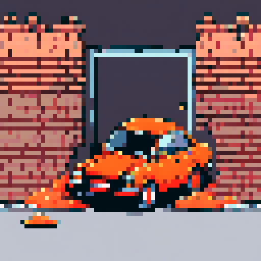 orange car wrecked into wall