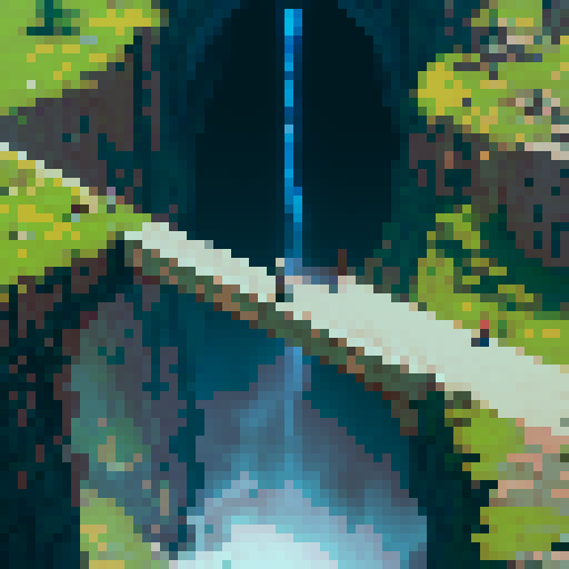 Tactical rpg fight on a stone bridge spanning a deep chasm, city walls to the left