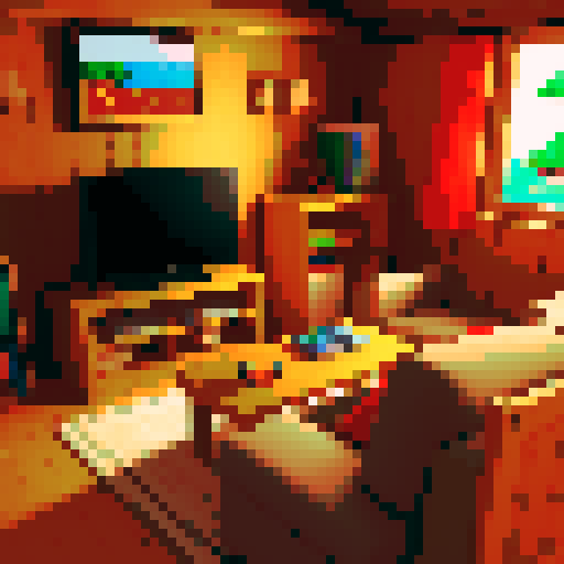 n64 game console in cozy room with the image of a cabin on the screen saying "start"