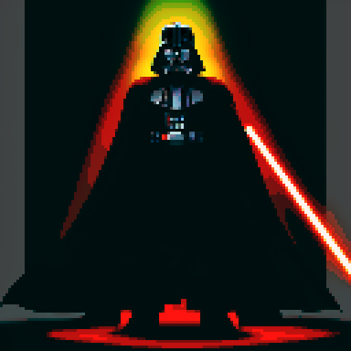 Darth Vader, menacing in pixel art, with vibrant sRGB colors capturing his dark presence, in a dramatic pose with billowing cape and glowing lightsaber