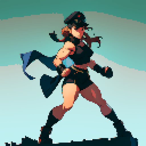 full-body image, muscle girl, female, thick biceps, big shoulders, big fists, muscular physique, thick waist, facing left, ready to fight, exaggerated proportions, black military uniform, black hat, military backdrop, sRGB, pixel art, no background, no backdrop, facing left, fists raised, ready to fight