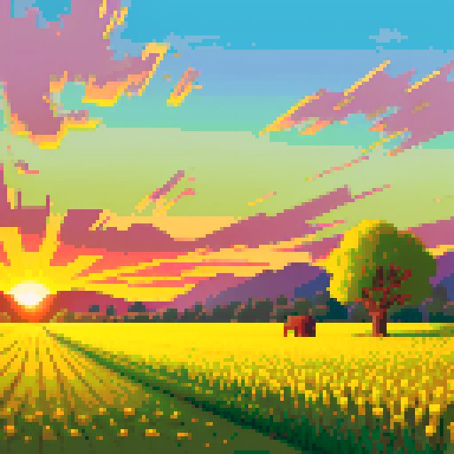 pastoral landscape, fields (yellow), sunset