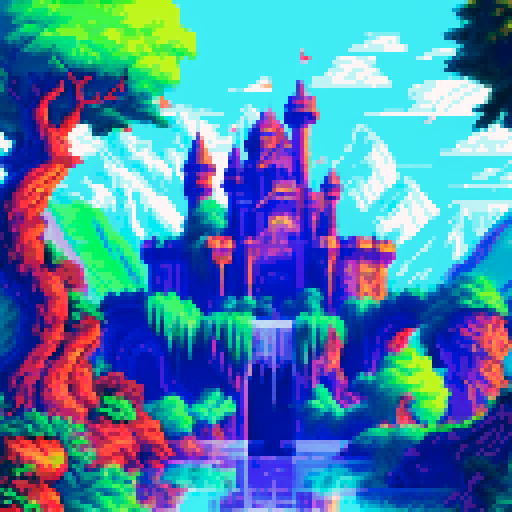 Gothic castle looming over misty mountains, surrounded by lush forests and cascading waterfalls, with a moat filled with shimmering blue water and a grand entrance adorned with golden gates