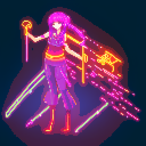 Mage anime girl, flowing hair, fluorescent tattoos, glowing staff, purple neon-lit night market, pixel art