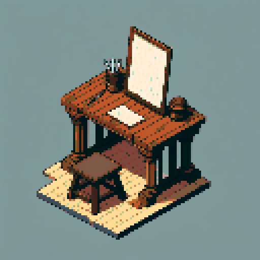building, inside, block, wood, isometric, medieval, writing table, feather pen, ink, paper, papers, royal seal, law, dark, close