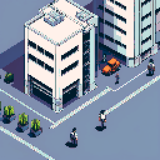 A large steel-structured warehouse stands beside a two-story white office building. We see the player character, a new worker at Emazon, walking towards the warehouse entrance accompanied by MR KHAN, the HR representative.