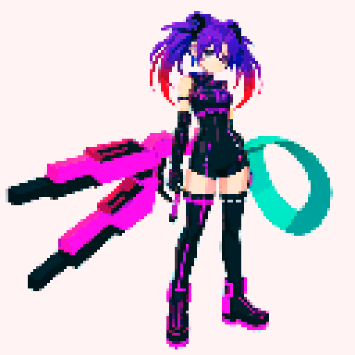 Anime inspired character with vibrant hair, expressive eyes, and a playful smile, with a metallic cyberpunk scorpion tail as weapon