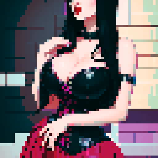 curvy, busty goth woman, black hair, purple eyeshadow, red lipstick, studded leather collar, corset, vibrant sega genesis color palette, pixel art brick wall