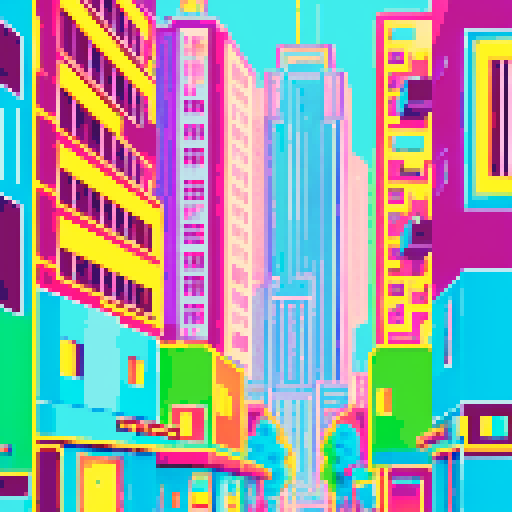 tall skyscraper, vibrant colors, geometric shapes, bustling streets, retro aesthetic, neon lights, 8-bit graphics, symmetrical composition, high contrast, cityscape