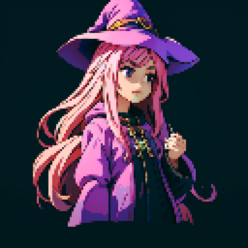 cute witch, long pink hair, staff, witch's hat, witch's dress, pixel art style, sRGB