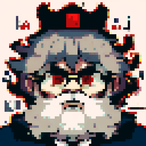 wise old librarian grandpa portrait, hooded figure, long bushy beard, wise eyes full of knowledge, pixelated style, non-vibrant colors