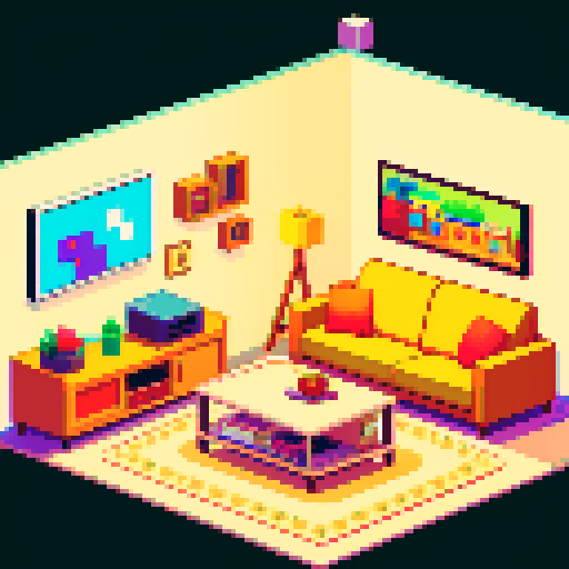cozy living room, widescreen TV, pixel art, carpet, sRGB