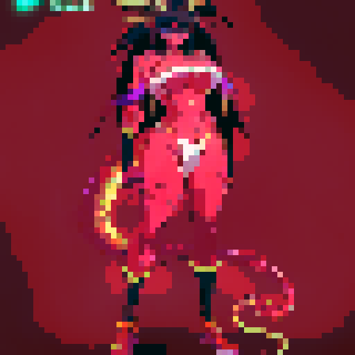 Towering devil girl, scantily clad with a fit physique, barefoot with a long demon tail and spikey black hair, sporting golden demon horns and glowing eyes in a captivating anime style.