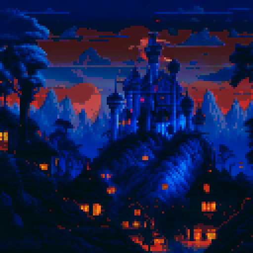 a pirate city by night, in pixel art. Blue ambient, orange lights from windows. houses made of wood.