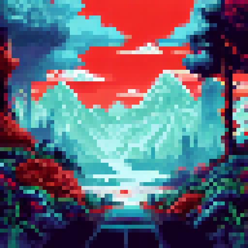 Dark, twisted trees loom overhead, casting eerie shadows on the misty forest floor, while in the distance, a foreboding mountain range rises ominously against the blood-red sky