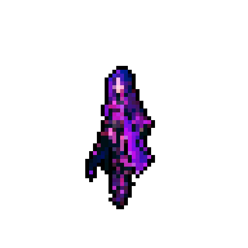 magic mage cyberpunk girl with vibrant purple hair, glowing tattoos, and a flowing cloak, surrounded by holographic neon signs and futuristic market stalls, all rendered in pixel art with a vivid sRGB color palette