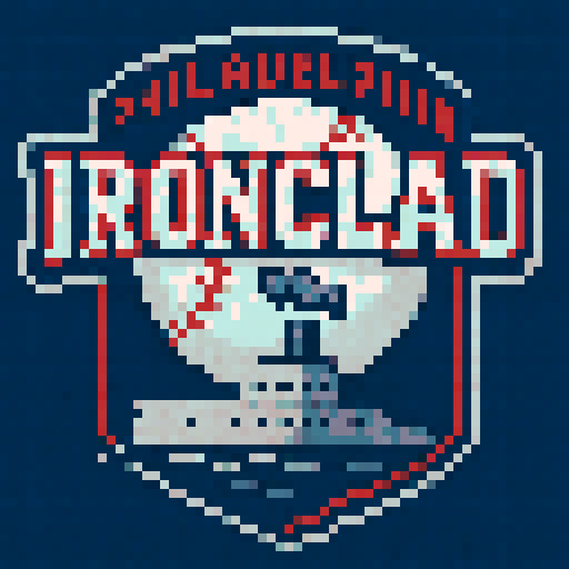 Can you make logo of a fictional baseball team? Pixel perfect pixel art. The level of detail should be similar to that of Sonic of the Hedgehog. Use dithering and anti-aliasing when needed.  The name of the team is the Philadelphia Ironclad.  Ironclad is the a reference to the old war ship.  Use the color scheme of lightish navy blue, red, and light gray.