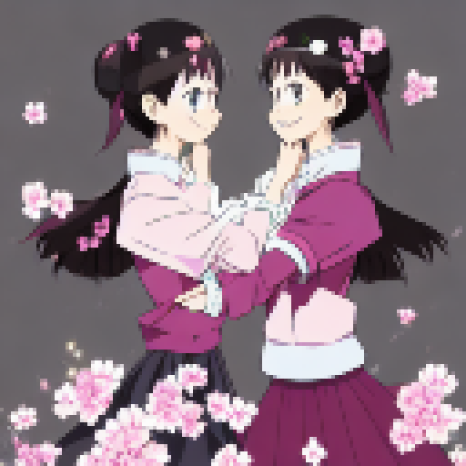 Two blushing women embrace, surrounded by cherry blossoms, with sparkling hearts in their eyes, in an anime style.