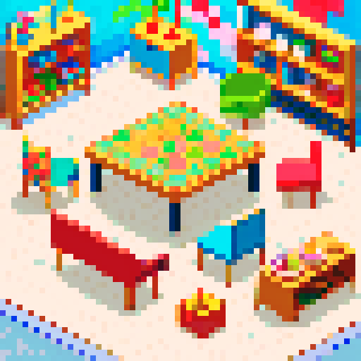Vibrant, retro pixel art chairs, tables, and shelves in a lively sRGB color palette, Scandi and Japandi style