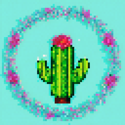 A glimmering diamond necklace draped over a blooming cactus, with prickly needles and vibrant flowers in the background, all rendered in a detailed, retro pixel art style using the sRGB color space