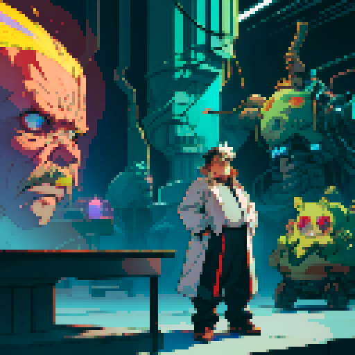 fat mad scientist, facing left, full-body image, exaggerated features, pixelated details, robot workshop backdrop, sRGB color palette