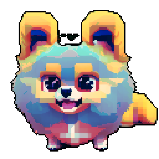Pomeranian, fluffy, vibrant colors, pixel art, playful expression, lively eyes, tiny paws, animated tail, adorable posture, endearing facial features, intricate pixel details