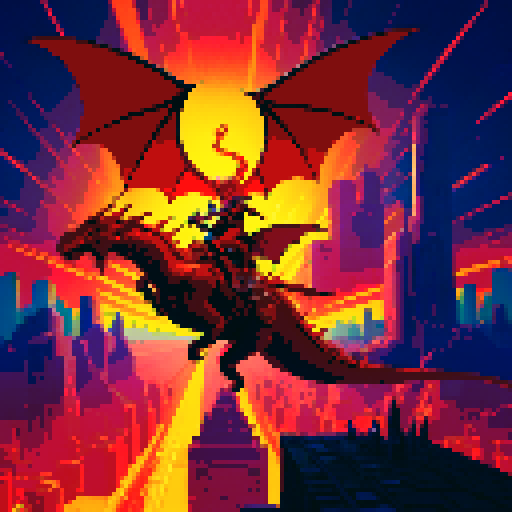 A rock guitarist riding a dragon, flying through a fiery sky above a futuristic city, brandishing his guitar like a sword