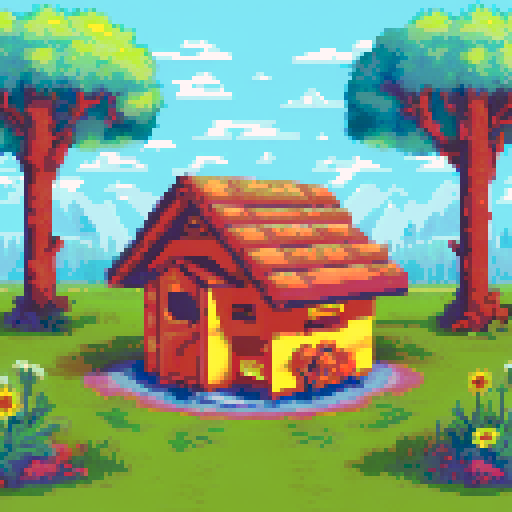 small apiary, beekeeper tending hive, isometric style, sRGB, pixel art, English countryside, vibrant colors, lush landscape, buzzing bees, quaint wooden hives, dappled sunlight, blooming wildflowers, rolling hills, thatched roof cottage, idyllic scenery, peaceful ambiance