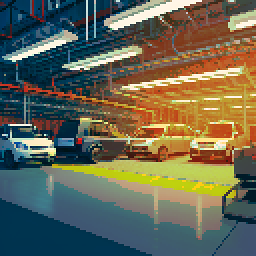 Car manufacturing plant from the inside, production tape, tools, machine frame, engine, manipulators