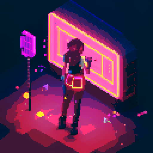 Street Mage anime girl with flowing hair, fluorescent tattoos, and a pixelated sniper rifle, navigating through a purple neon-lit night market and an sRGB glow
