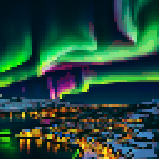 beautiful dramatic aurora borealis over an adorable town at night