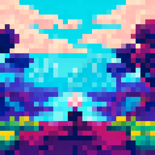 Anime character with vibrant, flowing hair in a pixel art style, against a scenic background with a breathtaking landscape