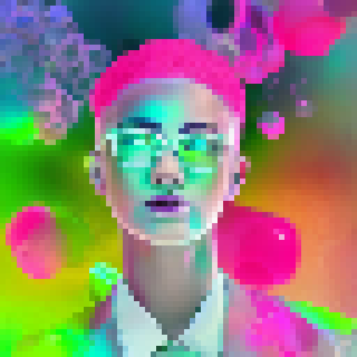 Iridescent android in metallic attire gracefully dances amidst vibrant floral field with floating orbs, showcasing sleek, futuristic visuals.