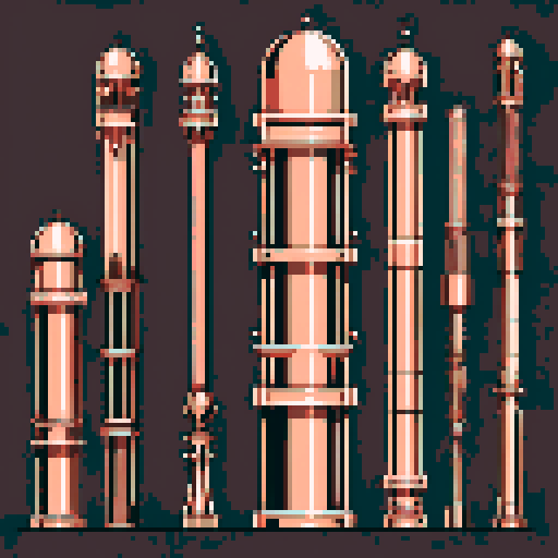 I want a tall vertical copper structure reminiscent of a organ pipe. It should have strange mechanical details that could interlock with each other. I also want this object usable an asset in a videogame, meaning only one object per image, outlined with a strong black stroke, on a solid-color background.