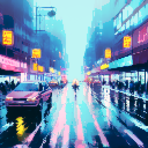 rain-soaked streets, towering skyscrapers, vibrant neon lights, cascading water droplets, misty reflections, umbrella-clad pedestrians, foggy silhouettes, glistening pavement, moody atmosphere, dramatic cityscape